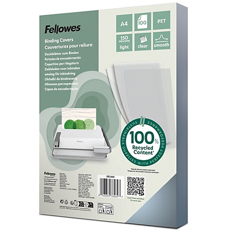 Emballage de couvertures de reliure A4 Fellowes, PET, 150 microns, transparent, lisse, 100 feuilles.
