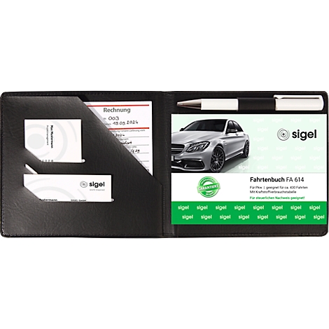 Carnet de bord Sigel noir avec stylo, cartes de visite et facture. Une voiture sur la couverture.