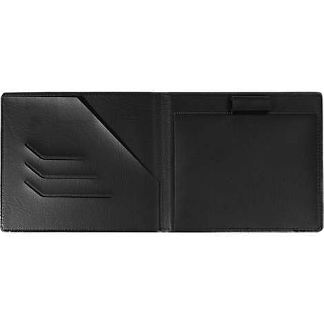 Dossier en cuir noir ouvert, avec compartiments pour cartes et stylos.
