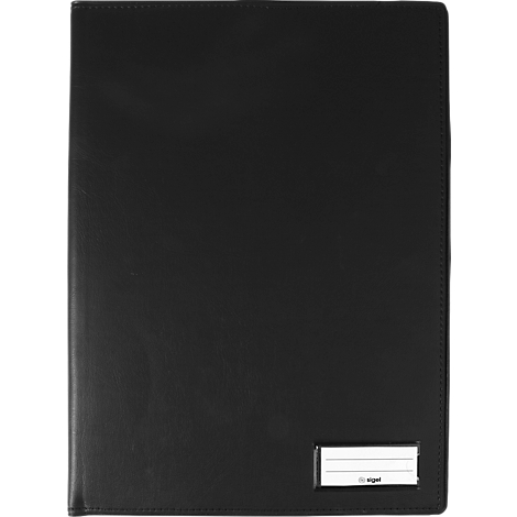 Classeur noir avec étiquette blanche.