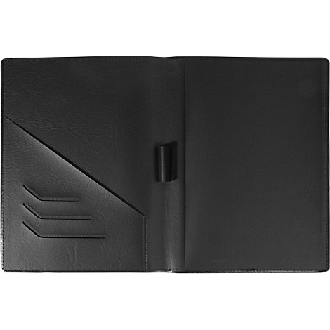 Porte-documents noir, imitation cuir, ouvert. Intérieur gauche plusieurs fentes, droite vide. Une boucle entre les pages.