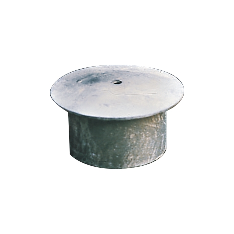 Gray metal cover with a round top and a central hole.