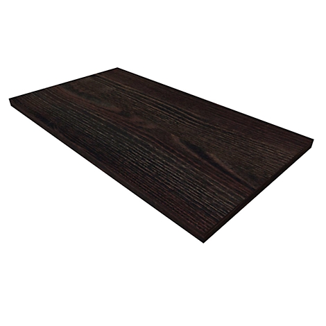 Dark brown wooden board with grain. Perspective view, from above.