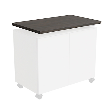 Dark brown table top on white cabinet. The cabinet has wheels.