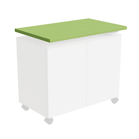 A white cabinet with wheels, on which a green tabletop rests.