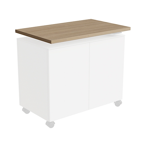 A white piece of furniture with castors, topped with a light brown wooden panel.