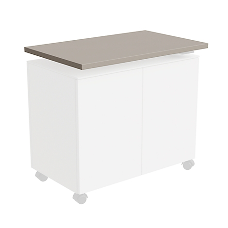 Gray table top on white cabinet with wheels. The cabinet has two doors.