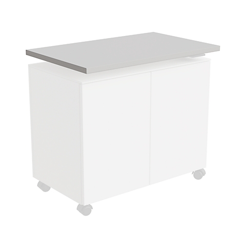 A white cabinet with two doors, a gray lid, and rollers.