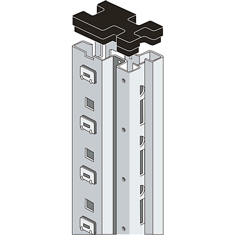 Black connector on two metal brackets, marked by holes and recesses.
