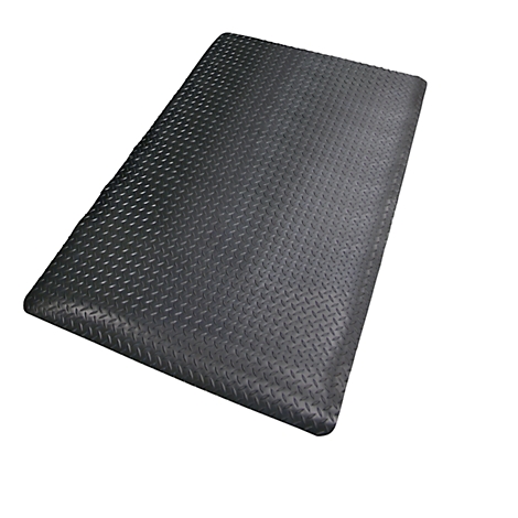 Black, rectangular anti-fatigue mat with diamond pattern against a white background.