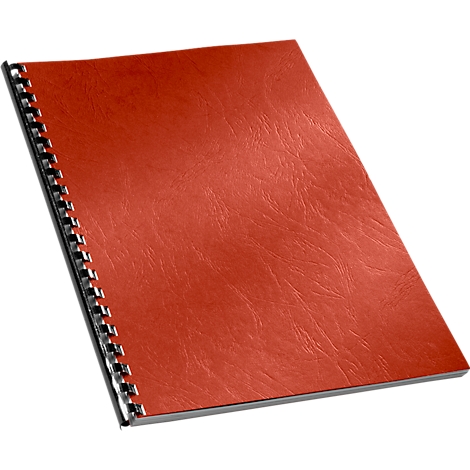 Red notebook with spiral binding. Pages closed, slight texture.