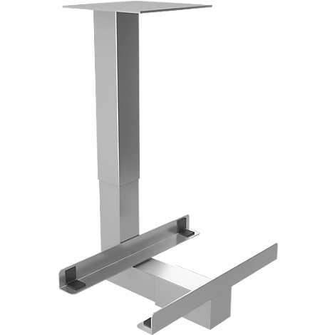 Grey, height-adjustable desk frame without a tabletop.