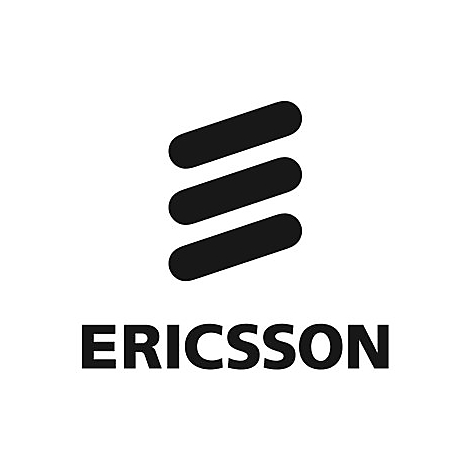 Schwarzes Ericsson-Logo: Drei horizontale, abgerundete Balken, darunter der Schriftzug „ERICSSON“.
