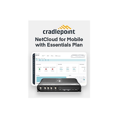 Cradlepoint IBR1700 Router vor einer grafischen Benutzeroberfläche von NetCloud for Mobile.