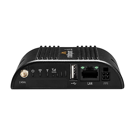 Schwarzer Router mit zahlreichen Anschlüssen und Anzeigen. Aufschrift: 2.4GHz, LAN, Cradlepoint. Mehrere Leuchten.