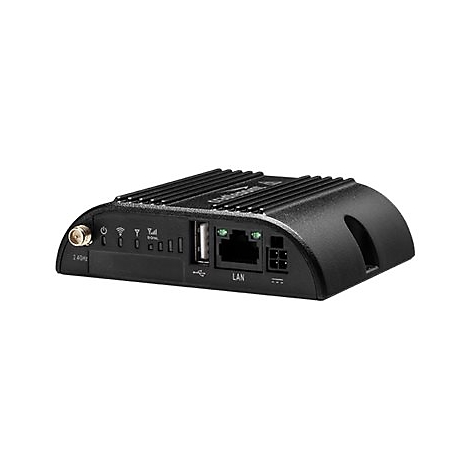 Schwarzer Router mit Antennenanschluss, USB, LAN-Anschluss und Signal-LEDs. Das Gerät hat ein geriffeltes Gehäuse.