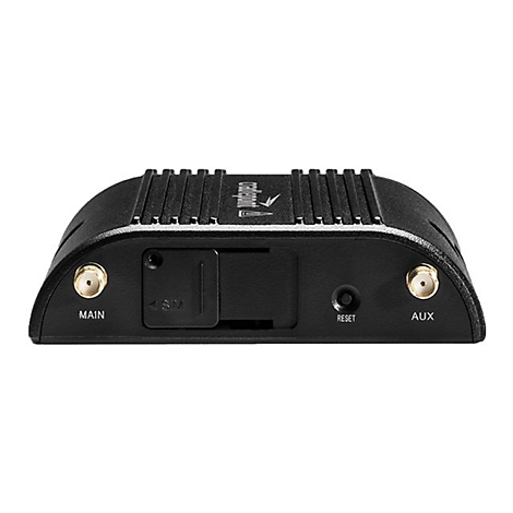 Schwarzes elektronisches Gerät mit Antennenanschlüssen, SIM-Kartensteckplatz und Reset-Knopf. Beschriftungen: MAIN, AUX, RESET und SIM.