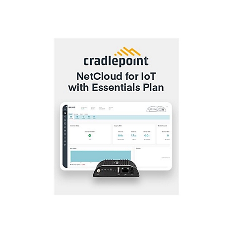 Das Bild zeigt ein Cradlepoint-Produkt mit einem Bildschirm, der die NetCloud-Oberfläche für IoT mit Essentials Plan darstellt.