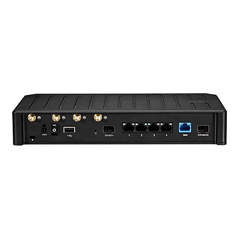Schwarzer Netzwerkrouter mit Anschlüssen, Antennen und Beschriftung.