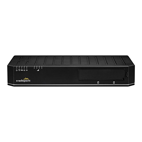 Schwarzer Cradlepoint Router mit Statusleuchten und Branding vor weißem Hintergrund.