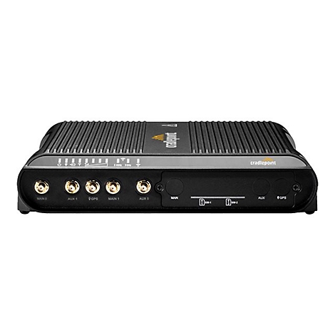 Schwarzer Cradlepoint Router mit Antennenanschlüssen und Funktionsbeschriftung.