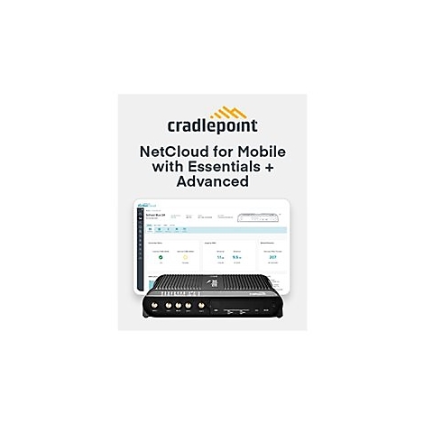 Ein schwarzer Cradlepoint-Router, dahinter ein Tablet mit der NetCloud-OberflÃ¤che. DarÃ¼ber steht NetCloud for Mobile.
