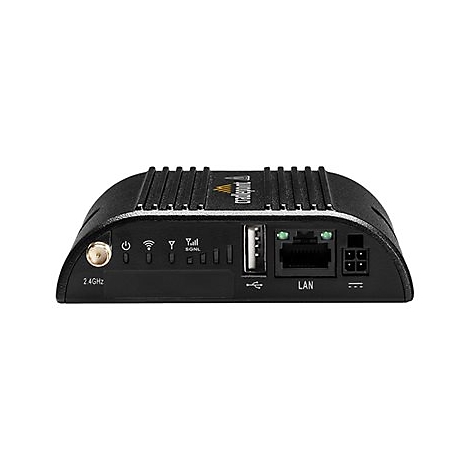 Schwarzer Cradlepoint-Router von vorne mit Anschlüssen, LED-Anzeigen und LAN-Port auf weißem Hintergrund.