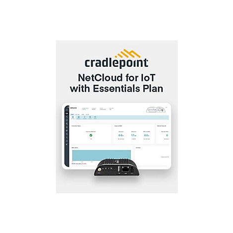 Cradlepoint IBR200 Router vor einem NetCloud-Dashboard-Hintergrund mit Text-Hinweis auf den Essentials Plan.