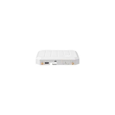 Weißer, rechteckiger Access Point mit Anschlüssen, seitlich zwei goldfarbene Antennen.