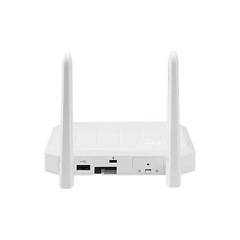 Ein weißer Router, mit zwei aufrechten Antennen, Ports und einem minimalistischen Design.