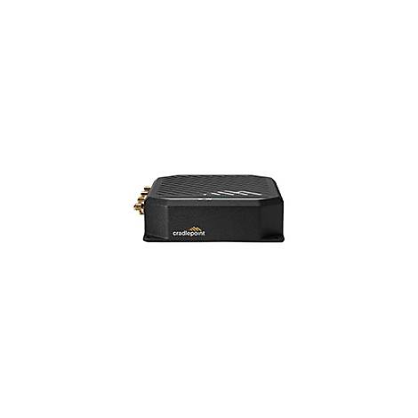 Schwarzer Router mit "cradlepoint" Aufdruck. Goldfarbene Anschlüsse an der Seite.