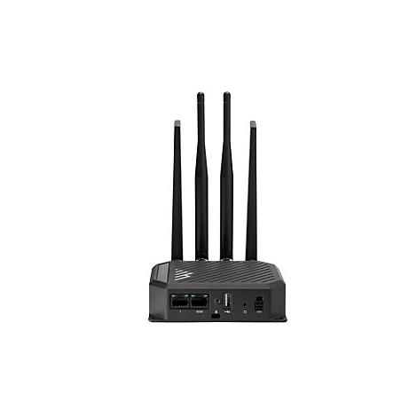 Schwarzer WLAN Router mit vier Antennen, USB-Anschluss und Anschlüssen.
