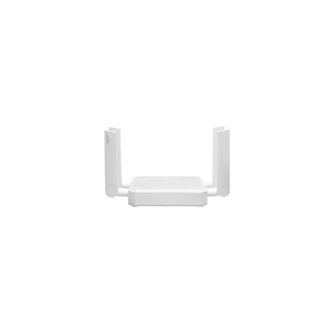 Weißer WLAN-Router mit vier Antennen, vor weißem Hintergrund.