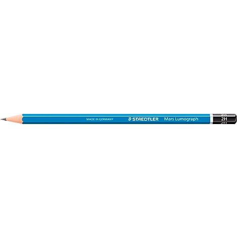 Gros plan sur un crayon bleu, avec l'impression "STAEDTLER Norisgraph". Le noir, l'argent, le bois clair et le bleu dominent l'image.