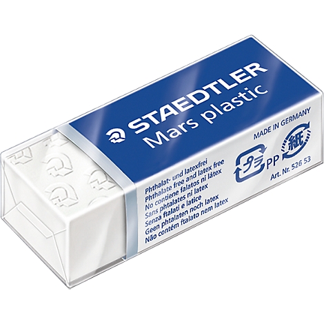 Gomme blanche dans un étui transparent. Emballage bleu avec le logo Staedtler et le nom du produit.