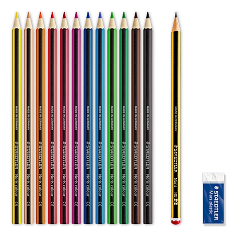 Crayons multicolores et une gomme sur fond blanc. Crayons de différentes couleurs, dont le jaune, l'orange, le rouge, le rose, le violet, le bleu, le vert, le marron et le noir.