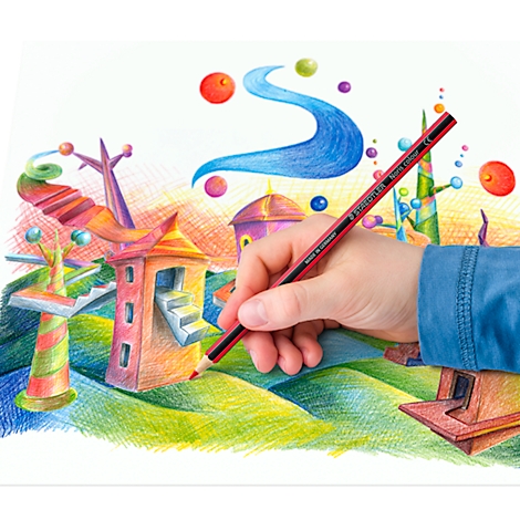 Une main dessine un paysage fantastique coloré avec un crayon rouge. Divers bâtiments, arbres et une rivière bleue sont visibles.