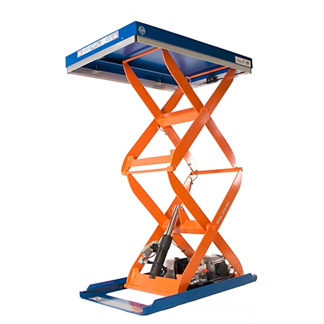 Orange scissor lift table with blue borders. The scissor arms lift a blue platform, while the base is blue.