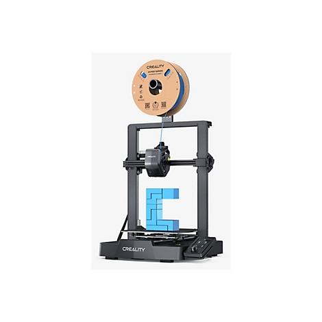 Ein schwarzer Creality 3D-Drucker vor weißem Hintergrund mit einer blauen Filamentrolle und einem blauen Bausteinmodell.