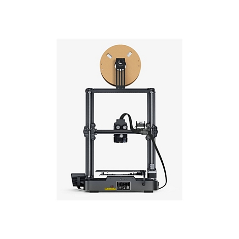 Schwarzer 3D-Drucker mit Filamentrolle oben auf weißem Hintergrund, Vorderansicht.