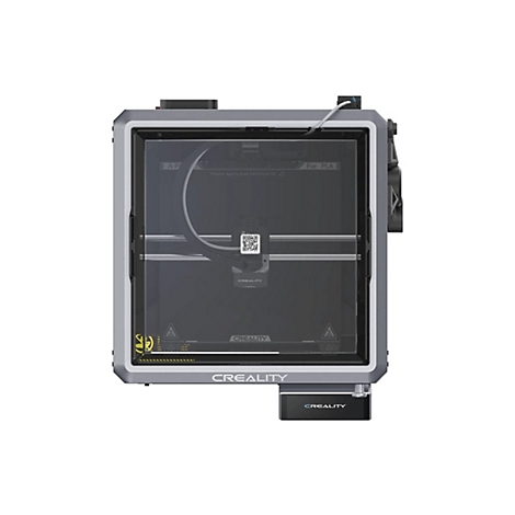 Draufsicht auf einen Creality 3D-Drucker mit transparentem Deckel und digitalem Display.