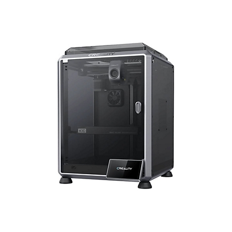 Creality K1C 3D-Drucker in geschlossenem, silbernem Gehäuse mit Glastür auf weißem Hintergrund.