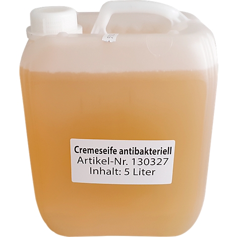 A canister of creamy, antibacterial soap. Inscription: cream soap, article no. 130327, contents: 5 liters.