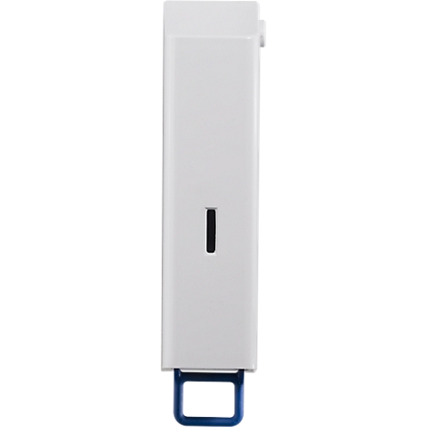 White soap dispenser with blue handle. A black rectangle is in the middle.