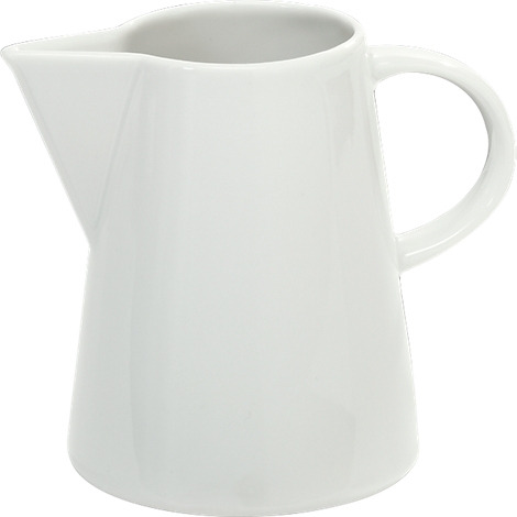 White ceramic jug with a spout and a handle. The design is minimalistic.