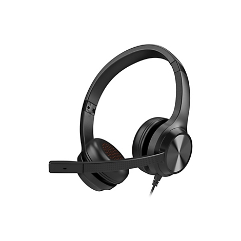 Schwarzes On-Ear-Headset mit verstellbarem Mikrofonarm und Kabelanschluss vor weißem Hintergrund.