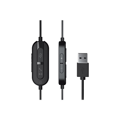 Schwarze Kabelfernbedienung mit Tasten für Mikrofon, Lautstärke und Wiedergabe sowie ein USB-A-Anschluss.