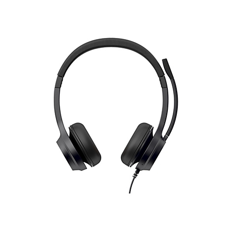 Schwarzes On-Ear-Headset mit Kopfbügel und Mikrofonarm vor weißem Hintergrund.