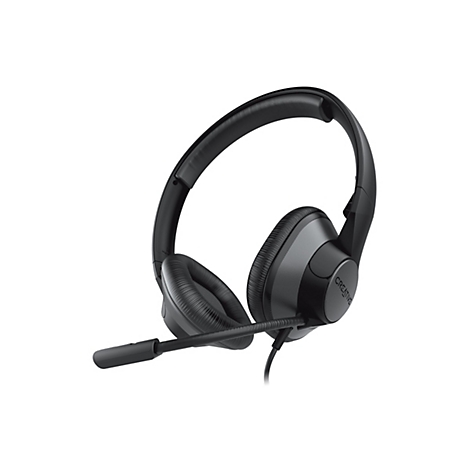 Schwarzes Creative On-Ear-Headset mit Kopfbügel, weichen Ohrpolstern und schwenkbarem Mikrofonarm auf weißem Grund.