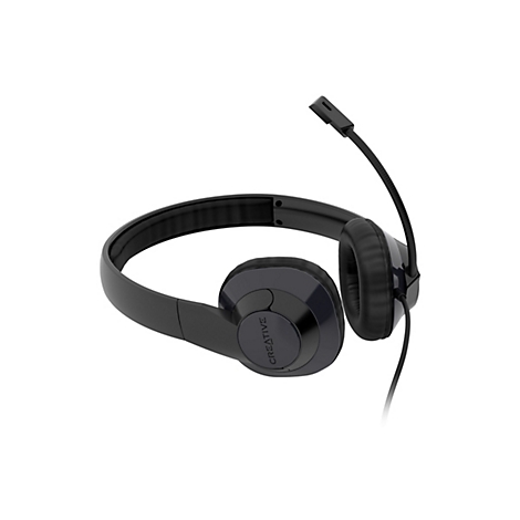 Schwarzes Creative On-Ear-Headset mit verstellbarem Mikrofonarm und Kabel vor weißem Hintergrund.